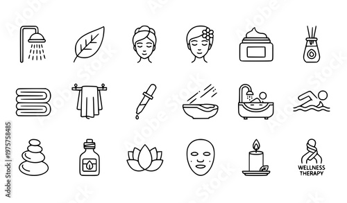 Spa outline icons set with wellness beauty skincare and relaxation symbols vector isolated on white