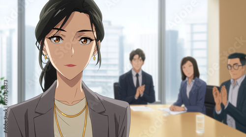 The scene takes place in a conference room with a total of four people. The main character is standing by the window. She is well-dressed and looks frustrated and disappointed. You