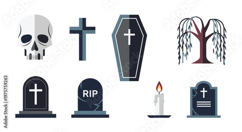 Halloween symbols skull gravestones coffin and weeping willow tree