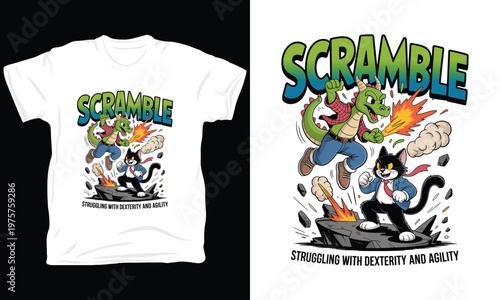 Scramble dragon versus cat vector illustration for funny tshirt art.
