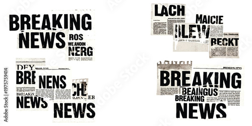 Foto A collection of stylized black and white graphic elements featuring the words breaking news text