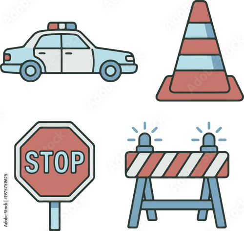 Police Patrol Car and Road Safety Equipment Set
