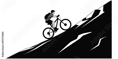 Cyclist riding uphill silhouette illustration, mountain biking artwork, endurance challenge vector design, rocky slope drawing, black and white style