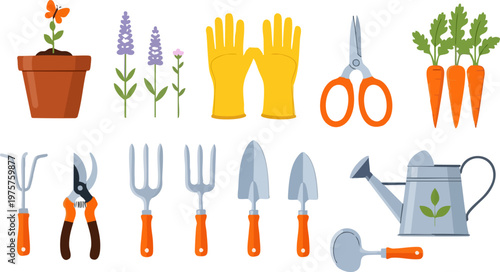 Flat gardening tools vector set, colorful garden equipment icons with watering can and trowel, organic farming and horticulture elements