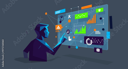 Businessman interacting with virtual data dashboard
