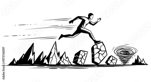 Businessman running over obstacles