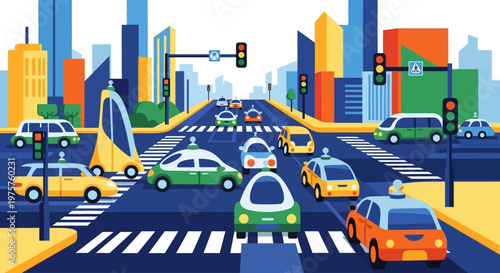 Busy city street with cars and traffic lights