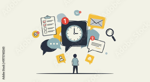 Busy person with multiple tasks and notifications