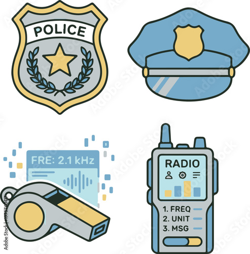 Police and Law Enforcement Equipment Flat Icons Set
