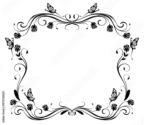 Floral ornament frame with butterflies and roses vintage decorative border. Graceful decorative element for decor and text greeting or invitation card design.