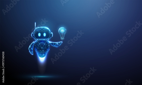 3d robot with light bulb above its hand. AI idea generation, intelligent automation, creative problem solving, innovation activation, smart assistant insights concept.