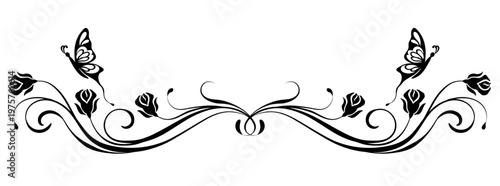 Floral ornament border with butterflies and roses vintage decorative divider
