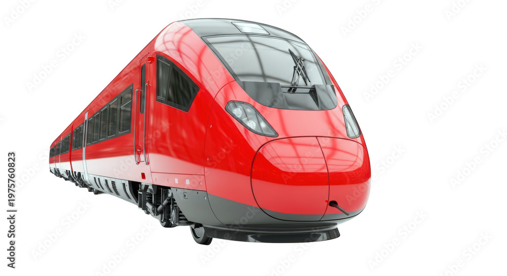Fototapeta premium Red high-speed passenger train isolated on transparent background, modern transportation vehicle, travel and journey concept.