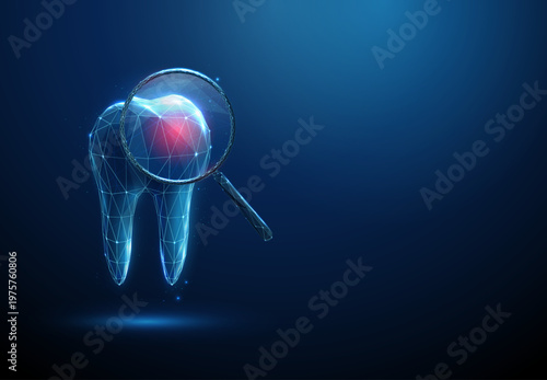 3d tooth under magnifying glass with red spot inside. Dental pain, toothache, cavity identification, caries detection, enamel damage, detailed clinical examination concept.