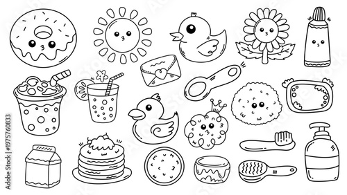 Diverse doodle collection including sun flowers duck and various sweet food items