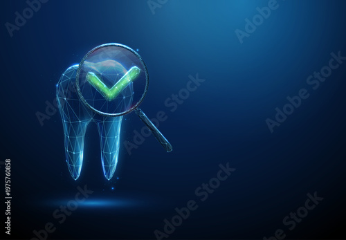 3d tooth under magnifying glass with green check mark inside. Dental checkup approval, healthy tooth confirmation, successful diagnostics, cavity-free result concept.