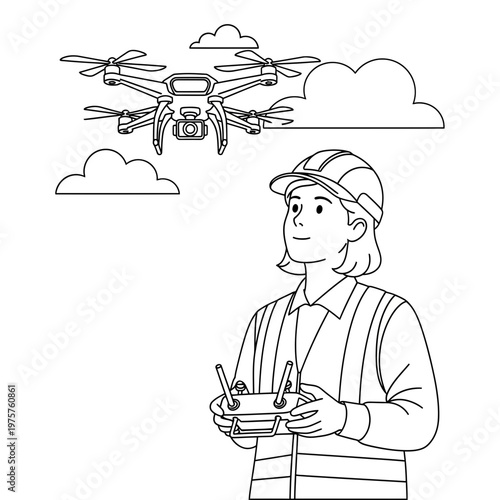 Drone Inspection Technician Operating Remote Control Aircraft for Surveying