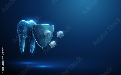3d blue tooth behind shield with sugar cubes nearby Dental protection, enamel coating and sealants, protective dental layers, cavity prevention, sugar exposure risk concept