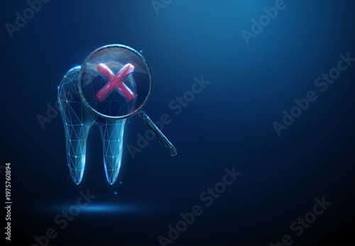 3d tooth under magnifying glass with red cross mark inside Dental problem detection, failed checkup, cavity identification, tooth decay diagnosis, oral health issue concept.