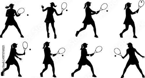 comprehensive collection of tennis player silhouettes in various dynamic poses serving, hitting, and returning the ball for sports activities vector art. 