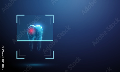 3d tooth inside digital scanning frame with red spot inside Dental diagnostics, cavity detection, caries identification, enamel damage analysis, clinical examination concept