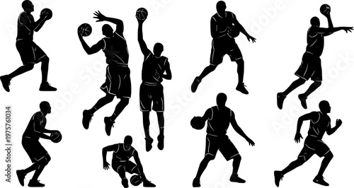 Silhouette vector illustration of basketball players performing slam dunks, dribbling, shooting, jumping, passing, playing game action, sports training, athletic movement, teamwork design