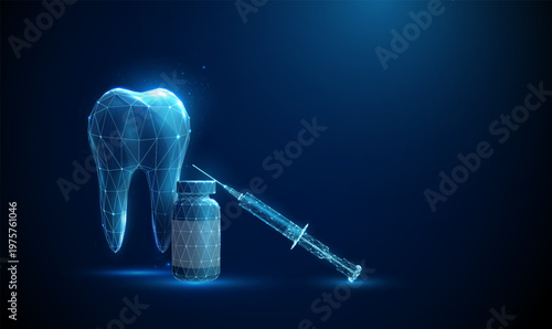 3d tooth with medicine bottle and syringe. Dental treatment, injectable therapy, local anesthesia, medical intervention, pharmacological support, infection control concept.