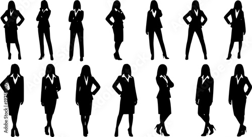 Vector detailed silhouettes set of standing people male and female full body front view with body gesture isolated on white background. Crowd, group of people vector illustration