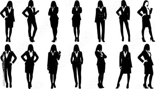 Vector detailed silhouettes set of standing people male and female full body front view with body gesture isolated on white background. Crowd, group of people vector illustration