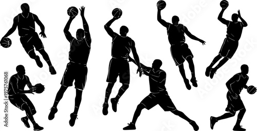 Silhouette vector illustration of basketball players performing slam dunks, dribbling, shooting, jumping, passing, playing game action, sports training, athletic movement, teamwork design