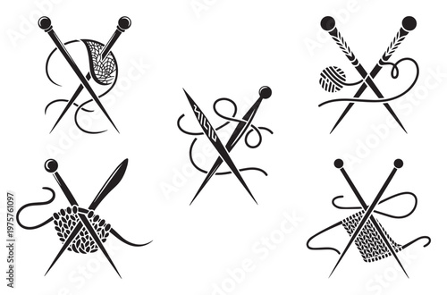 Knitting needles set with yarn ball and knitting item, craft handmade hobby symbols. Knitwork equipment and supplies, vector collection