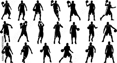 Silhouette vector illustration of basketball players performing slam dunks, dribbling, shooting, jumping, passing, playing game action, sports training, athletic movement, teamwork design