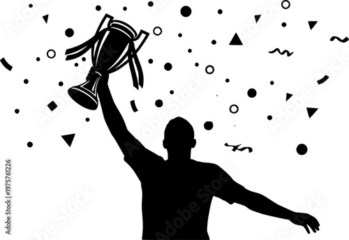 Black silhouette of triumphant person holding champion trophy cup overhead, victory and success number one concept illustration
