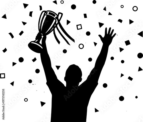 Black silhouette of triumphant person holding champion trophy cup overhead, victory and success number one concept illustration
