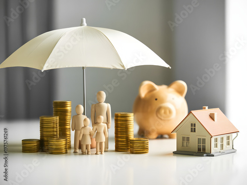 family under umbrella protected by financial security with coins, house, and piggy bank