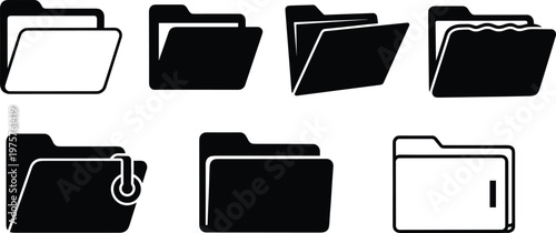 File folder silhouettes set, office document storage icons, black and white illustration, digital file management, secure folder, organization, business design