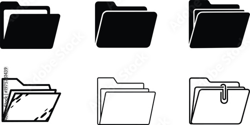 File folder icons set, office document storage symbols, black and white illustration, digital file management, paperwork, organization, business design