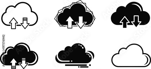 Cloud computing icons set, upload and download symbols, digital storage, data transfer, internet technology, online server, modern cloud service illustration
