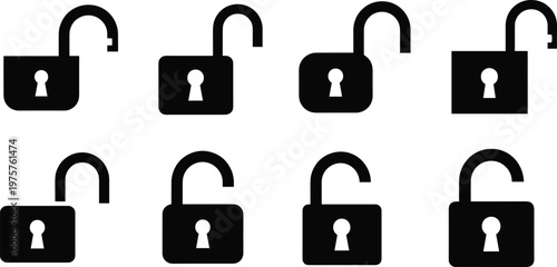 Unlocked padlock icons set, open lock symbols, black and white security illustration, access granted, privacy, permission, protection, user interface design