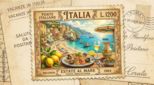 Mediterranean Italy postage-style summer frame with lemon, wine, seafood, beach, and sea motifs, vintage coastal vacation mood, warm sunlit palette, layered postcard ephemera, photorealistic detail,no