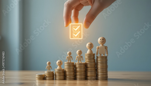 Business growth concept with wooden figures on coin stacks and glowing checklist