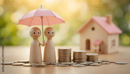Couple under umbrella with coins and house, financial security concept