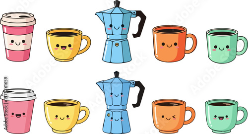 Kawaii coffee icons set with cute smiling faces, colorful cartoon espresso cups and moka pot vectors, adorable cafe character illustrations