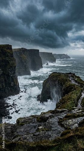 Dramatic coastal cliffs with crashing ocean waves, stormy sky, moody atmosphere, wide landscape, photorealistic