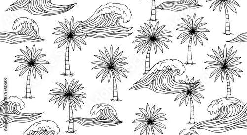 seamless pattern with palms and sea waves vector