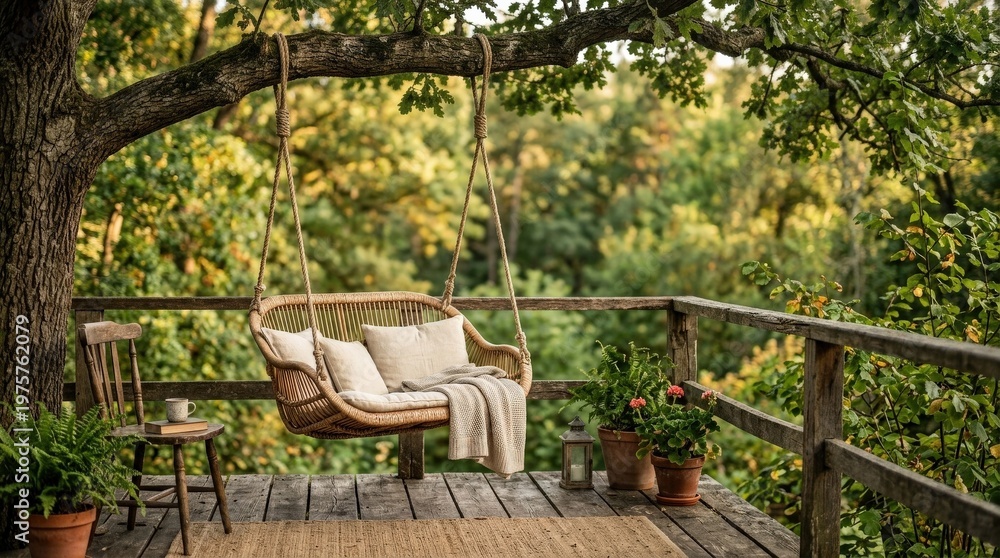 Fototapeta premium An old wooden terrace with a wicker swing hanging from a tree, soft blurred nature behind, warm rustic charm, peaceful outdoor atmosphere, ultra-realistic, no logos.