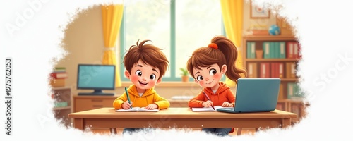 Boy and girl study at desk with laptops in classroom. Children write in notebooks, use computer for homework. Friends learn together, happy kids enjoy academic activity, share knowledge, do project.