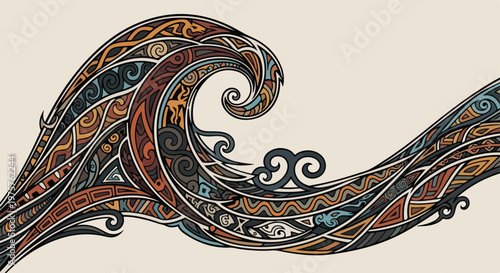 Fluid tribal wave illustration, smooth organic wave with decorative tribal patterns, calming composition, wall art vector