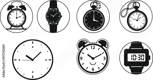 Clock and watch icons set, analog wristwatch, alarm clock, pocket watch, wall clock, digital timepiece, vintage and modern time symbols