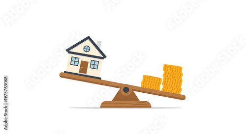 Wooden seesaw balancing a small residential house on one side against a stack of gold coins to represent the financial weight of real estate investments today.